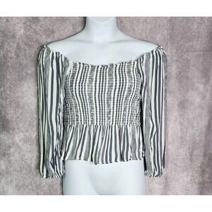 American Eagle Smocked Striped Off Shoulder Top Blouse Medium Square Neck Ruffle